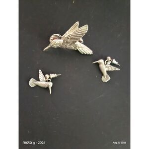 Pewter Hummingbird Brooch & Pierced Drop Earrings | Vintage Bird Set